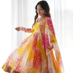 Abstract Printed Empire Organza Kurta With Trousers & Dupatta